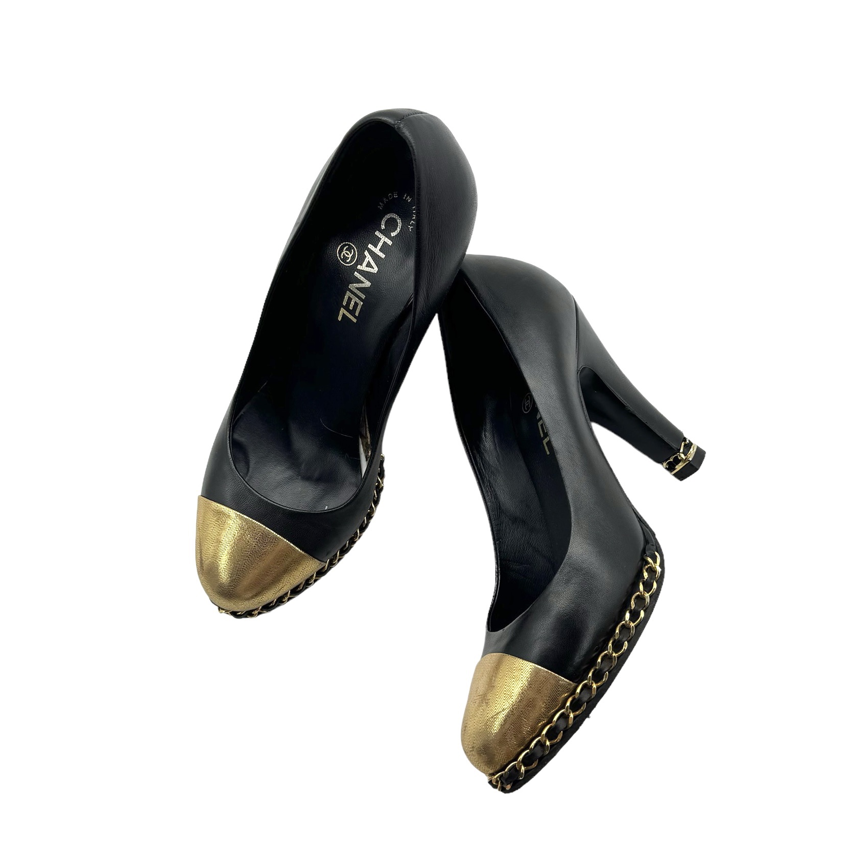 Chanel Lambskin Chain Around Cap Toe Pumps 37.5