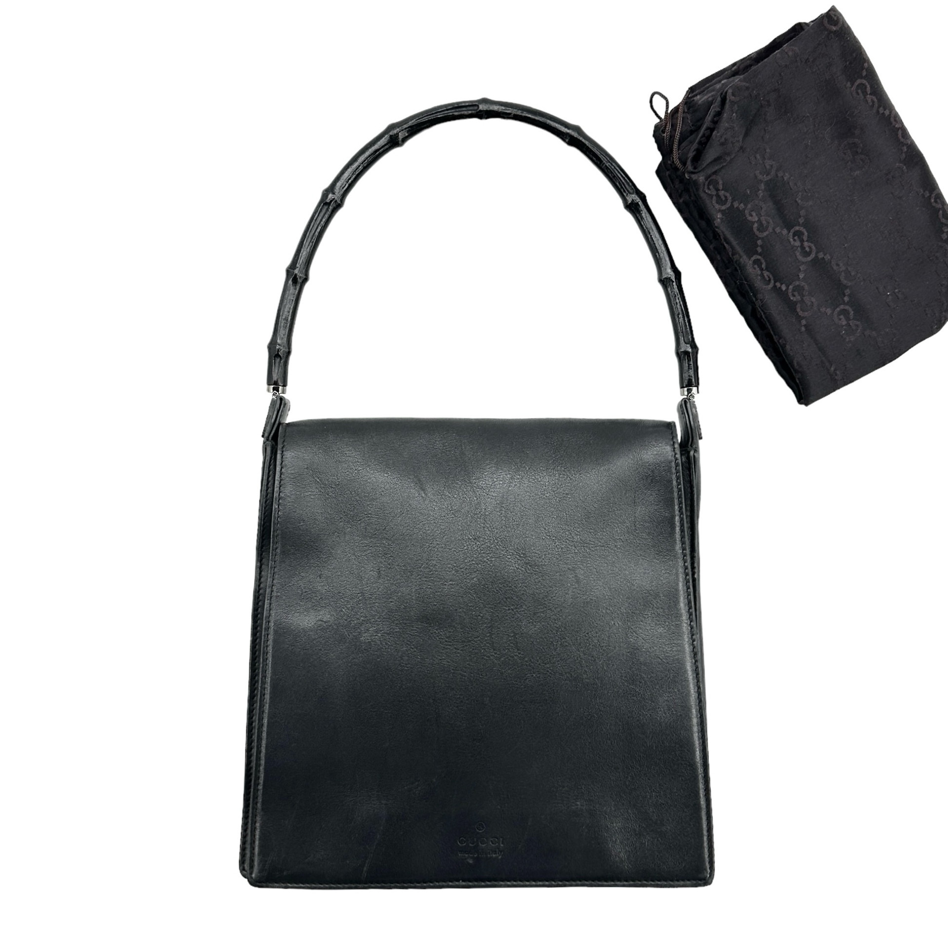 Gucci Black Bamboo Handle Double Side Leather Shoulder Bag