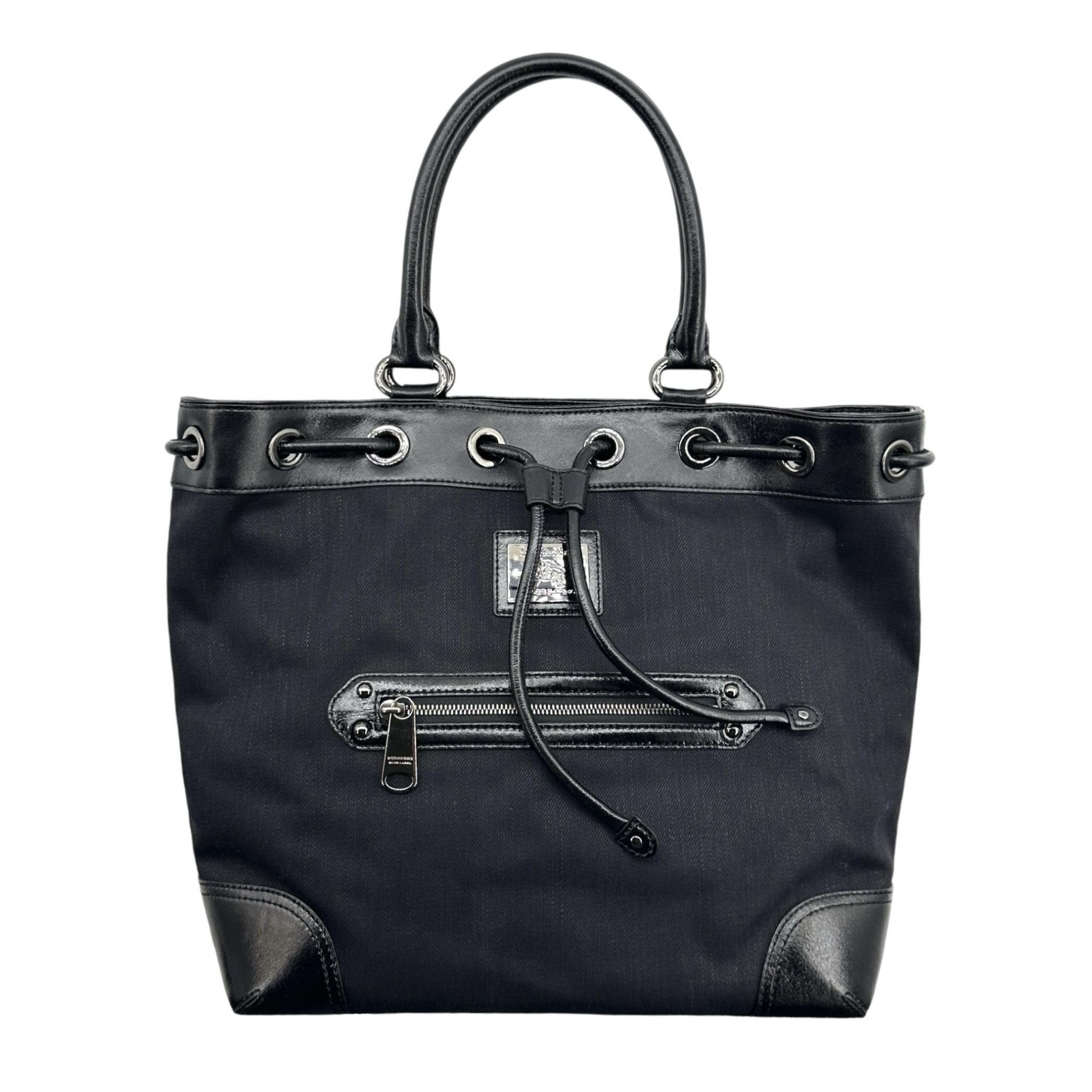 Burberry Logo Plate Front Zipper Drawstring Tote Bag